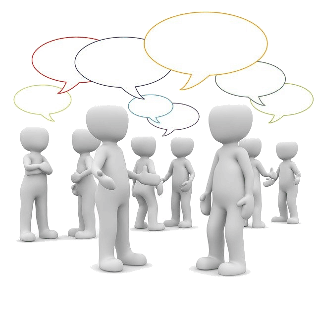 3D figures standing in groups with colourful speech bubbles above their heads, representing a collaborative discussion.